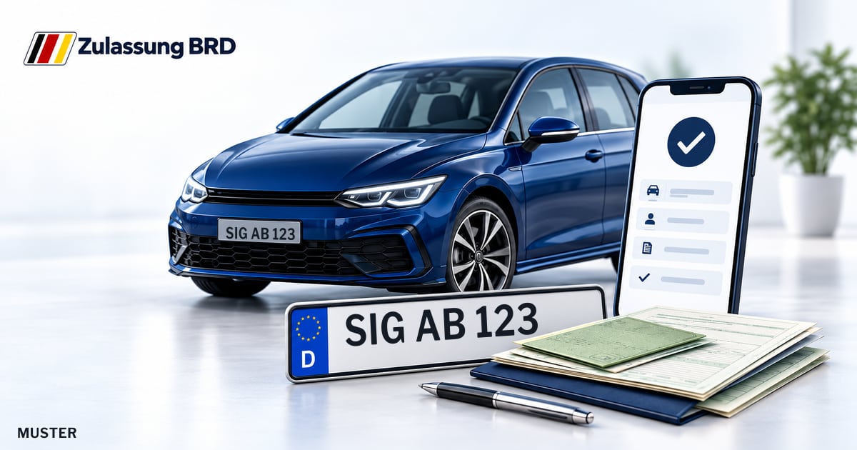 Online Fahrzeugzulassung in Mengen: Musterkennzeichen SIG AB 123, Auto und Fahrzeugpapiere und Smartphone. Illustration mit Logo von Zulassung BRD.